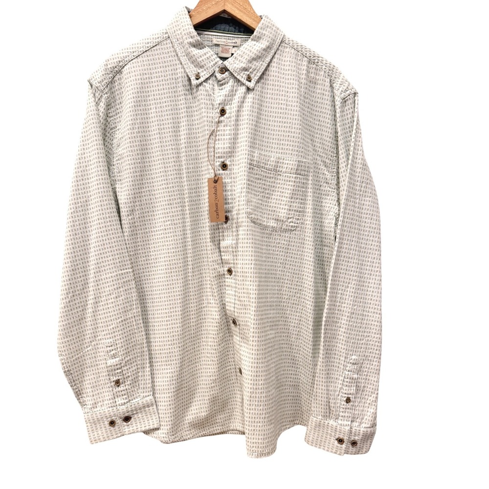 NWT Carbon 2 Cobalt Mens White Blue‎ Geometric Cotton Gauze Button Down Shirt L